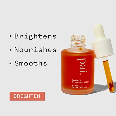 Image 1 - A bottle of facial oil with a dropper is displayed against a light grey background, alongside bullet points listing its benefits: Brightens, Nourishes, Smooths, and a call-to-action button labeled BRIGHTEN. Image 2 - A person holds a dropper bottle of facial oil with the label pai while dispensing an oil drop, and the image includes text stating 700% more antioxidants than market competitors along with certification logos for organic, vegan, and B Corporation status.