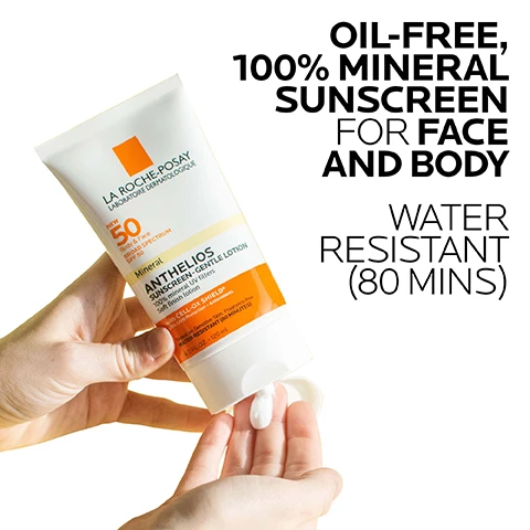 Image 1 - A hand dispenses white lotion from a white and orange tube of La Roche-Posay sunscreen labeled LA ROCHE-POSAY LABORATOIRE DERMATOLOGIQUE NEW 50 Body & Face BROAD SPECTRUM SPF 50 Mineral ANTHELIOS SUNSCREEN-GENTLE LOTION 100% mineral UV filters Soft finish lotion With CELL-OX SHIELD UVA/UVB Protection + Antioxidants Tested on Sensitive Skin. Fragrance-free. WATER RESISTANT (80 MINUTES) 4.0 FL. OZ. - 120 ml OIL-FREE, 100% MINERAL SUNSCREEN FOR FACE AND BODY WATER RESISTANT (80 MINS). Image 2 - A smear of white cream with text reading CELL-OX SHIELD® TECHNOLOGY UVA/UVB PROTECTION + ANTIOXIDANTS NON-GREASY, SOFT FINISH LOTION BROAD SPECTRUM SPF 50 OXYBENZONE-FREE. Image 3 - An image with text describing key dermatological ingredients: KEY DERMATOLOGICAL INGREDIENTS CELL-OX SHIELD® TECHNOLOGY UVA/UVB PROTECTION + ANTIOXIDANTS Photostable UVA/UVB filters and powerful antioxidant protection BROAD SPECTRUM SPF 50 100% MINERAL UV FILTERS Titanium Dioxide 5% Zinc Oxide 15% SILICA LIGHTWEIGHT POWDER Helps absorb excess oil and reduce the appearance of shine. Image 4 - A hand dispenses lotion from a La Roche-Posay Anthelios sunscreen tube with the text LA ROCHE-POSAY LABORATOIRE DERMATOLOGIQUE NEW 50 BROAD SPECTRUM SPF 50 Mineral ANTHELIOS SUNSCREEN - GENTLE LOTION 100% mineral UV filters Soft finish Lotion With CELL-OX SHIELD UVA/UVB Protection + Antioxidants Tested on Sensitive Skin. Fragrance-free WATER RESISTANT (80 MINUTES) 4.0 Fl. Oz. - 120 ml APPLY 15 MINUTES PRIOR TO SUN EXPOSURE CAN BE USED ON FACE & BODY. Image 5 - A tube of La Roche-Posay Anthelios sunscreen is shown next to text that reads DERMATOLOGIST RECOMMENDED Sunscreens marketed as mineral may contain both chemical and mineral filters For a 100 mineral-filter sunscreen ensure that the active ingredients list only contains Zinc Oxide andor Titanium Dioxide Board Certified Dermatologist Dr Rina Allawh LA ROCHE-POSAY LABORATOIRE DERMATOLOGIQUE NEW 50 Body & Face BROAD SPECTRUM PF 50 Mineral ANTHELIOS SUNSCREEN-GENTLE LOTION 100 mineral UV filters Soft finish lotion with CELL-OX SHIELD UVA/UVB Protection Antioxidants Tested on Sensitive Skin Fragrance-free WATER RESISTANT (80 MINUTES) 40 FL OZ - 120 ml. Image 6 - The image shows the La Roche Posay logo and four icons representing product features with text below them Dermatologist Tested Allergy Tested Oil-Free / Non-Comedogenic Fragrance-Free.
