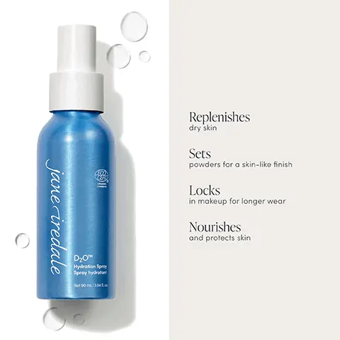 Image 1, replenishes dry skin, sets powders for a skin like finish, locks in makeup for longer wear, nourishes and protects skin. Image 2, mini 12ml, standard 90ml, refill 281ml. Image 3, 1 refill = 3 full size, 1 refill = 24 mins. Image 4, Ylang Ylang maintains skin's natural moisture. Chamomile Extract soothes dry skin. Algae Extract prevents moisture loss.