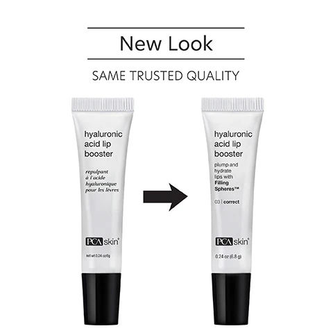 Image 1 - A comparison image featuring two tubes of PCA skins hyaluronic acid lip booster, with the text New Look SAME TRUSTED QUALITY above and an arrow pointing from the left tube to the right tube.
Image 2 - Three PCA Skin product tubes are stacked with a clear gel dripping from one, and the text above reads Instantly hydrates, plumps and softens lips.
Image 3 - A close-up of a person holding a tube of hydrating lip balm, with text stating Hydrating lip balm enhances moisturization and stimulates collagen production for long-term volume-increasing benefits.
Image 4 - An image of a clear glass dish containing a gel-like substance alongside text describing three ingredients: Filling Spheres™ as a blend of sodium hyaluronate and konjac root for plumping lips, Palmitoyl Tripeptide-38 and Portulaca Pilosa Extract for minimizing fine lines and increasing lip volume, and Palmitoyl Tripeptide-1 for enhancing collagen and GAG production to moisturize and increase lip volume.
Image 5 - Image shows instructions on how to apply a lip plumper, with a tube of the product on top labeled PCA Skin and a smiling woman applying the cream on the bottom. Visible text includes How to Apply, STEP 1 Apply a small amount to your lips throughout the day to improve lip hydration. Gently massage the product into your lips for better absorption., and STEP 2 For optimal results use the lip plumper regularly.
Image 6 - Three women of diverse backgrounds smile together, showcasing a variety of skin tones and hair textures, with the text above them reading For dry, oily, combination, normal and sensitive skin for preventative and aging skin concerns.
Image 7 - Image shows a skincare regimen display featuring three products: a Hyaluronic Acid Lip Plumper, a Hyaluronic Acid Boosting Serum, and a Nutrient Toner, with text instructions next to each. The visible text includes Complete the Regimen, along with descriptions for each product: Hyaluronic Acid Lip Plumper: Moisturizes while improving long-term lip volume, hydration, and softness, Hyaluronic Acid Boosting Serum: Instant hydration and smoothing on the surface of the skin, and Nutrient Toner: Refines pores and nourishes skin.
Image 8 - Image features a lab flask icon above text that reads Innovators in healthy skin for 30 years At PCA SKIN®, we use clinically-backed research and science to develop safe and effective products that deliver visible results for healthy, beautiful skin.