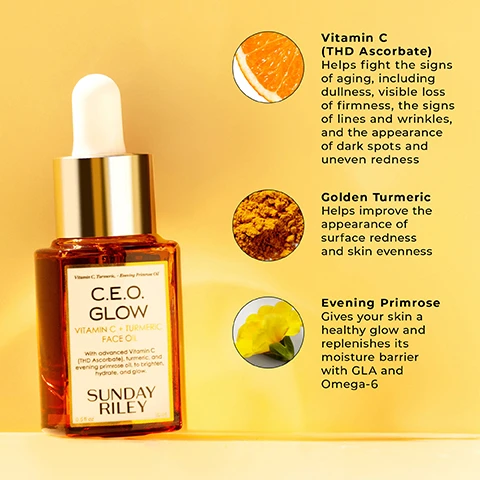 Image 1, vitamin c (THD ascorbate) helps fight the signs of aging, including dullness, visible loss of firmness, the signs of lines and wrinkles, and the appearance of dark spots and uneven redness. golden turmeric - helps improve the appearance of surface redness and skin evenness. evening primose - gives your skin a healthy glow and replenishes its moisture barrier with GLA and omega-6. image 2, this unique oil soluble formula is carried by a superhighway of antioxidant rich oils that send vitamin c where it has never gone before. your healthy flowing skin will instantly feel light, tight and bright.