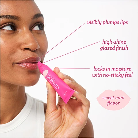Image 1 - A woman applies a pink tube labeled Patchology LIP SERVICE Moisture Rich Balm Treatment to her lips, with overlay text reading visibly plumps lips, high-shine glazed finish, locks in moisture with no-sticky feel, sweet mint flavor. Image 2 - A pink lip gloss tube with honey dripping down and pooling with the text patchology LIP SERVICE gloss-to-balm treatment, GOJI BERRY: plumps lips, HONEY: deeply moisturizes & heals lips, FLEXMASQUE COMPLEX: glycerin & vitamin B3 deeply hydrates.