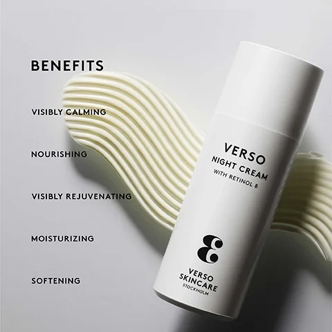 Image 1 - An image of a white bottle of Verso Night Cream with black text indicating its ingredients, placed against a smooth backdrop featuring wavy lines, with visible text listing benefits such as visibly calming, nourishing, visibly rejuvenating, moisturizing, and softening.