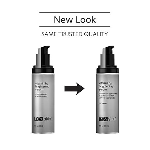 Image 1 - Two serum bottles side by side, one with a black pump top labeled PCA skin vitamin b3 brightening serum and the other with a similar design but a new appearance, with the text New Look SAME TRUSTED QUALITY above them.
Image 2 - A silver pump bottle of PCA Skin vitamin b3 brightening serum is positioned against a light background, with text beside it that reads Brightens and evens skin tone while strengthening the skins barrier function.
Image 3 - A woman with long, wavy brown hair holds a skincare serum bottle to her face, with text on the left side reading How to Apply, followed by steps for using the serum: STEP 1 After cleansing and toning face, dispense a few drops of serum into your palm. Gently massage the serum into the face and neck until fully absorbed. STEP 2 Use twice daily for maximum benefits. Follow with broad spectrum SPF in the daytime and moisturizer in the evening.
Image 4 - A clear container with a small amount of a creamy substance inside, accompanied by text describing the ingredients: Niacinamide (6%) antioxidant reducing TEWL and improving barrier function, Mulberry Extract, Green Tea Extract, and Oligopeptide-51 blend decreasing unwanted pigment and promoting an even complexion, and Plankton Extract brightening skin and reducing dark spots.
Image 5 - Three women with diverse backgrounds smile together, showcasing healthy skin, with text above them stating For dry, oily, combination, normal and sensitive skin for preventative and aging skin concerns.
Image 6 - A sleek silver bottle of serum with a black pump top is shown, accompanied by text stating that the advanced brightening serum reduces skin discoloration, redness, and glycation-related skin yellowing, leaving the complexion even and bright, with the label reading vitamin b3 brightening serum.
Image 7 - Image of three skincare products on a countertop with the title Complete the Regimen at the top, featuring a Vitamin B3 Brightening Face Serum, Collagen Night Cream, and Nutrient Toner, along with descriptions of each products benefits.
Image 8 - Image shows a blue laboratory flask icon at the top, with text stating Innovators in healthy skin for 30 years, followed by a description of PCA SKINs commitment to using clinically-backed research to develop products for healthy, beautiful skin.