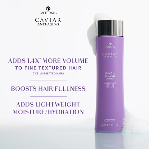 Image 1 - A purple shampoo bottle displays text stating it adds 1.4x more volume to fine textured hair, boosts hair fullness, and adds lightweight moisture/hydration, with the product name Multiplying Volume Shampoo prominently featured.
Image 2 - Image shows the back of a woman with medium-length, straight blonde hair divided into two sections labeled BEFORE and AFTER, with three bottles of Alterna Caviar Anti-Aging hair products displayed on the left in the BEFORE section and a cleaner, fuller look on the right in the AFTER section, with the text Multiplying VOLUME Collection above.
Image 3 - A circular blob of clear shampoo with bubbles, labeled as Multiplying Volume Shampoo, featuring descriptions of Caviar Extract, Marine Plumping Complex, and Age Control Complex indicating their benefits for hair.
Image 4 - Image shows four hair care products from Alternas Caviar Anti-Aging line, including a shampoo, conditioner, styling mousse, and styling mist, all in purple packaging with labels describing their functions for fine hair.
Image 5 - A purple shampoo bottle labeled Multiplying VOLUME Shampoo from the Caviar Anti-Aging line, with a shiny silver cap and a full ingredient list displayed beside it, indicating a volume-boosting formula for fine hair.