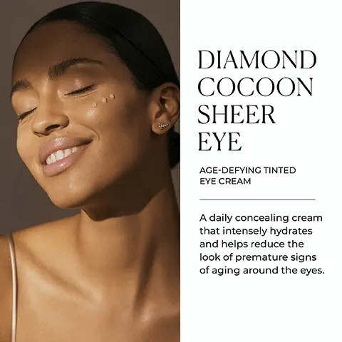 Image 1 - A woman with a serene expression smiles gently, showcasing a glow on her skin, with visible text describing DIAMOND COCOON SHEER EYE AGE-DEFYING TINTED EYE CREAM and a brief product description.
Image 2 - A cosmetic product labeled Diamond Cocoon Sheer Eye, shown next to stacked books, with icons highlighting key benefits: conceals, rejuvenates, and hydrates, alongside the text KEY BENEFITS.
Image 3 - A woman with long dark hair holds a cosmetic product in front of her face, smiling, with text on the right that reads FLAUNT YOUNGER-LOOKING EYES and describes the products benefits and features, including icons for gluten-free, alcohol-free, ophthalmologically tested, and oil-free.
Image 4 - A close-up image of a transparent gel-like substance in a round container, with text on the right detailing its benefits: Science behind it, High-Molecular Weight Hyaluronic Acid, Detox Complex & Sirt-AP Peptide Complex, Vitamin PP.
Image 5 - A serene image featuring two skincare products from Natura Bissé, including a cream jar and a serum bottle, placed on a wooden surface next to a crystal, with the text BARE SKIN ESSENTIALS and Experience our multipurpose duo for busy lifestyles with anti-aging benefits and sheer coverage.
