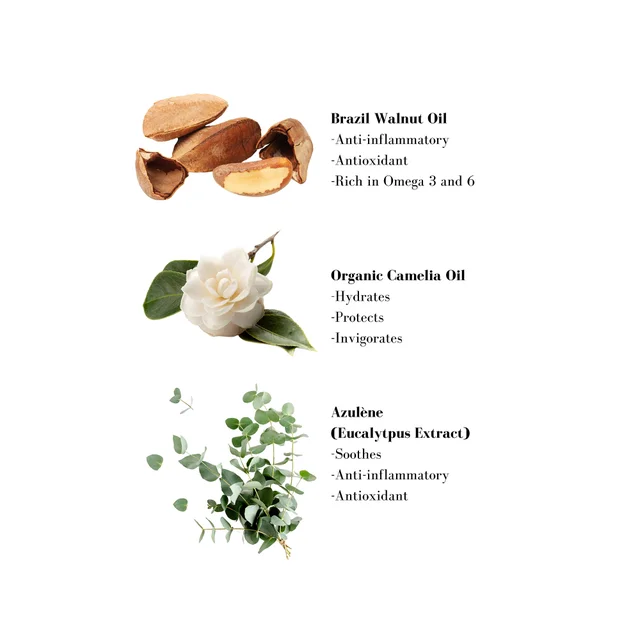 Image 1- Brazil Walnut Oil -Anti-inflammatory -Antioxidant -Rich in Omega 3 and 6 Organic Camelia Oil -Hydrates -Protects -Invigorates Azulène (Eucalytpus Extract) -Soothes -Anti-inflammatory -Antioxidant