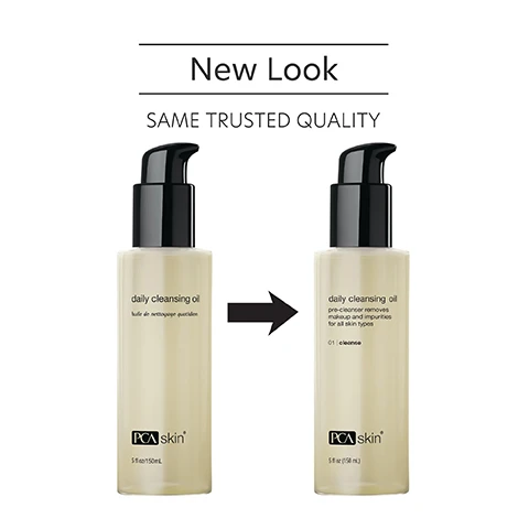 Image 1 - Image shows two bottles of cleansing oil with a note indicating a new look for the product; visible text includes New Look SAME TRUSTED QUALITY and daily cleansing oil along with an arrow between the bottles.
Image 2 - A hand holding a bottle of skincare product with visible text that reads dissolves dirt, oil, and debris, and hydrates, softens and purifies skin.
Image 3 - A clear glass dish contains three different oils: Grape Seed Oil, Sweet Almond Oil, and Tocopherol (Vitamin E), with descriptions of each oils benefits listed beside them: Grape Seed Oil contains polyphenols and linoleic acid for hydration, Sweet Almond Oil calms irritation and retains moisture, and Tocopherol is an antioxidant that protects against free radical damage.
Image 4 - Image shows a guide on how to apply a skincare product, with two steps outlined: STEP 1 describes applying 2-3 pumps to dry skin and massaging it, and STEP 2 advises rinsing with warm water and following with toner and moisturizer.
Image 5 - Three women of diverse backgrounds are smiling at the camera, with the text For dry, oily, combination, normal and sensitive skin for preventative skin concerns displayed above them.
Image 6 - An illustration of a laboratory flask alongside the text that reads Innovators in healthy skin for 30 years At PCA SKIN® we use clinically-backed research and science to develop safe and effective products that deliver visible results for healthy, beautiful skin.