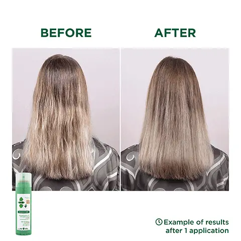 Before, After, example of results after 1 application. Absorbs oil, sweat & odor. Extends time between washes. Controls oil for up to 48H. Formulated for brown & dark hair. 100% invisible finish. Sebum rate evaluation on the hair. Clinical study realized on 35 subjects. Tinted powders of natural origin. Aluminium can 100% recyclable excluding the cap, we are working on it. High tolerance formula. 500L of water saved per year. Life cycle analysis, replacing 1 liquid shampoo by 1 dry shampoo per week, conducted by an independent company DURACONSULT. 1, wash, 2, between 2 washes. Light fragrance with notes of eucalyptus & jasmine. Blend of powders natural nude colour, ultra-absorbant, easy to eliminate.