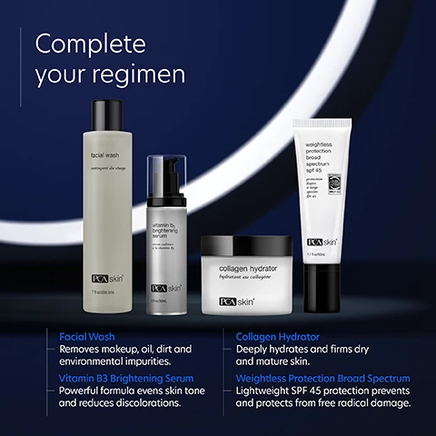 Image 1, complete your regiment. facial wash, removes makeup, oil, dirt and environment impurities. vitamin B3 brightening serum, powerful formula evens skin tones and reduces discolorations. collagen hydrator, deeply hydrates and firms dry and mature skin. weightless protection broad spectrum, lightweight SPF 45 protection prevents and protects from free radical damage. Image 2, verified customer review = the best sun protection i have tried so far, it is really weightless, awesome for my oily skin