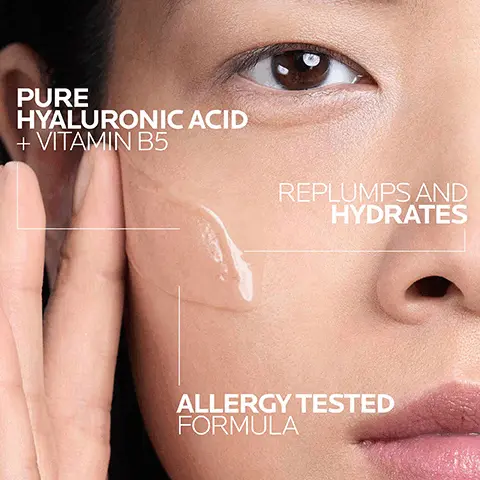 Image 1 - A close-up of a womans face with a drop of gel on her cheek, showing text that reads Pure Hyaluronic Acid + Vitamin B5, Replumps and Hydrates, and Allergy Tested Formula.
Image 2 - Image features three panels: the first shows blue bubbles with text hyaluronic acid and describes it as a powerful humectant that can hold a large amount of water to help moisturize; the second shows a pale green background with the text madecassoside and states it is used as a therapeutic agent in wound healing; the third has a white background with the text vitamin b5 and mentions it is used to help the skin feel soothed and moisturized.
Image 3 - A hand holding a bottle of La Roche-Posay Hyalu B5 Serum against a blue background, with text stating that 90% say their skin felt hydrated, softer, and supple, and includes details about the serum containing pure hyaluronic acid and thermal spring water.
Image 4 - A blue dropper bottle of La Roche-Posay Hyalu B5 Serum is shown with instructions on application that read, apply in the morning and evening after cleansing and apply 3-4 drops on face and neck.
Image 5 - Image shows three people with different skin tones applying a serum to their faces, featuring a bottle of La Roche-Posay Hyalu B5 Serum in the foreground, with visible text stating SUITABLE FOR ALL SKIN TYPES.
Image 6 - A hand wearing a glove is holding a dropper above a blue serum bottle labeled La Roche-Posay Hyalu B5 Serum with the text recommended by 90,000 dermatologists worldwide.
Image 7 - Image shows three skincare products arranged on a white background: a bottle of Toleriane Hydrating Gentle Cleanser, a bottle of Hyalu B5 Serum, and a bottle of Anthelios UV Hydra SPF 50, with the numbers 1, 2, and 3 above the products.