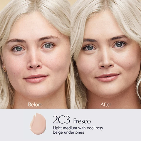 Image 1 - Split image showing a womans face before and after foundation application with text Before and After, along with a shade swatch and text 2C3 Fresco Light-medium with cool rosy beige undertones. Image 10 - Three women showcase Estée Lauder foundations alongside product information titled FIND THE FOUNDATION FOR YOU featuring details for FUTURIST SKINTINT SERUM SPF 20 Light-to-medium coverage Natural radiant finish 85% skincaring ingredients, FUTURIST HYDRA RESCUE MOISTURIZING MAKEUP SPF 45 Medium-to-full coverage Flawless radiant finish Nourishing hydration, and DOUBLE WEAR STAY-IN-PLACE MAKEUP Medium-to-full coverage Cashmere matte finish 24-hour longwear. Image 11 - A grid displays 28 foundation swatches showing shades from light to dark with accompanying text Futurist Hydra Rescue Moisturizing Makeup SPF 45, 1N0 Porcelain, 1C1 Cool Bone, 1W1 Bone, 1N2 Ecru, 1W2 Sand, 2N1 Desert Beige, 2C1 Pure Beige, 2W1 Dawn, 2N2 Buff, 2C3 Fresco, 3N1 Ivory Beige, 3W1 Tawny, 3C2 Pebble, 3N2 Wheat, 3W2 Cashew, 4N1 Shell Beige, 4W1 Honey Bronze, 4N2 Spiced Sand, 5W1 Bronze, 5N2 Amber Honey, 5W2 Rich Caramel, 6C1 Rich Cocoa, 6W1 Sandalwood, 6N2 Mocha, 7N2 Rich Amber, 7W2 Rich Spice, 8C2 Intense Java, 8N2 Rich Espresso, and Undertone C = Cool/Rosy N = Neutral W = Warm/Golden. Image 12 - Image shows the Estée Lauder Foundation Shade Guide LIGHT featuring bottles of Double Wear Stay-in-Place Makeup Medium-to-Full Coverage Matte Finish, Futurist SkinTint Serum SPF 20 Light Coverage Ultra-Natural Radiant Finish, and Futurist Hydra Rescue Makeup SPF 45 Medium-to-Full Coverage Radiant Finish, positioned above a table comparing shades across the three products. Image 13 - A display shows Estée Lauder Futurist products including Peptide-Power Serum Primer, Watery Glow Primer, SkinTint Serum SPF 20, Brightening Skincealer, and Hydra Rescue Moisturizing Makeup Broad Spectrum SPF 45 under the header The Future Is Now Futurist Skincaring Makeup Powered by Science. Image 14 - Image displays different Estee Lauder foundations under the heading Choose Your Foundation, showcasing products like Futurist Hydra Rescue for Coverage + Care, Futurist Skintint Serum for Skincaring Makeup + Science, Double Wear Stay-in-Place for 24-Hour Wear, Double Wear Sheer Long-Wear for Sheer All-Day Wear, and Double Wear Stay-in-Place Matte Powder for Versatile Powder. Image 2 - Nine people show different foundation shades in a grid with text overlays showing 1N0 PORCELAIN very light with neutral undertones, 1C1 COOL BONE light with cool, rosy-peach undertones, 1N2 ECRU light with neutral rosy undertones, 1W1 BONE light with warm undertones, 12-HOUR WEAR, 1W2 SAND light with warm, subtle olive undertones, 2C1 PURE BEIGE light medium with cool, pink-peach undertones, 2C3 FRESCO light medium with cool, rosy beige undertones, SOOTHES SKIN, 2N1 DESERT BEIGE light medium with neutral undertones, 2N2 BUFF light medium with neutral, subtle golden undertones, and 2W1 DAWN light medium with warm peach undertones. Image 3 - Foundation swatches on different skin tones with visible shade numbers 6W1, 6N1, 6C1, 7N2, 7W2, 8C2, 8N2, 2C1, 2N2, 2C3, 3W1, 3N1, 3N2, 3W2, 3C2, 4N1, 4W1, 4N2, 5W1, 5W2, 5N2, 1N0, 1W1, 1C1, 1N2, 1W2, 2W1, 2N1. Image 4 - Estee Lauder makeup bottle with water splashes and bubbles and text FUTURIST MAKEUP WHATS IN IT FOR ME? HYDRATING Ion-Charged Water Complex NOURISHING Chia Seed Extract SOOTHING Probiotic Technology ESTEE LAUDER Futurist Hydra Rescue Moisturizing Makeup Broad Spectrum SPF 45. Image 5 - A chart displays foundation shades organized by intensity and undertone, with text Find Your Foundation 1. Intensity: Choose your skins intensity level from light to dark. 2. Undertone: Choose cool, neutral or warm. Cool (C): Bare skin has a rosy tone and burns easily in the sun. Neutral (N): Bare skin is more even toned, not too pink or golden. Warm (W): Bare skin has a golden or olive tone and tans easily in the sun. COOL NEUTRAL WARM LIGHT 1C1 2C1 2C3 MEDIUM 3C2 3N1 3N2 4N1 4N2 DEEP 6C1 8C2 5N2 6N1 7N2 8N2 5W1 5W2 6W1 7W2. Image 6 - A person holds an Estee Lauder Futurist Hydra Rescue Moisturising Makeup Broad Spectrum SPF 45 tube near their face, with visible text MORE THAN MAKEUP 12H Wear 12H Moisture 12H Radiance. Image 7 - A close-up shows a tube of Estee Lauder Futurist Hydra Rescue Moisturizing Makeup Broad Spectrum SPF 45 and a bottle of Estee Lauder Futurist SkinTint Serum with Botanical Oil Infusion Broad Spectrum SPF 20 alongside cosmetic textures and text overlays reading POWER YOUR GLOW, RESURFACE & TONE DUO Evens tone and texture, and SOOTHING TECHNOLOGY Reduces the look of redness. Image 8 - Text overlays an image of Estée Lauder Futurist Hydra Rescue foundation on a marble surface: WHATS NOT IN FUTURIST MAKEUP? X NO Drying Alcohol X NO Mineral Oil Estee Lauder Futurist Hydra Rescue Moisturizing Makeup Broad Spectrum SPF 45. Image 9 - Image shows three Estée Lauder Futurist products Aqua Brilliance Watery Glow Primer Base de teint hydratation éclat Hydra Rescue Moisturizing Makeup Fond de teint hydratant SPF 45 and Soft Touch Brightening Skincealer Soin Correcteur de teint Lumière alongside text reading POWER YOUR GLOW SKINCARING MAKEUP POWERED BY SCIENCE 51% IMPROVEMENT IN HYDRATION WHEN YOU WEAR FUTURIST PRIMER & FOUNDATION TOGETHER 1 AQUA BRILLIANCE WATERY GLOW PRIMER Triples skins moisture immediately 2 HYDRA RESCUE MOISTURIZING MAKEUP SPF 45 Reduces visible redness and irritation 3 SOFT TOUCH BRIGHTENING SKINCEALER Reduces the look of dark circles in 4 weeks.