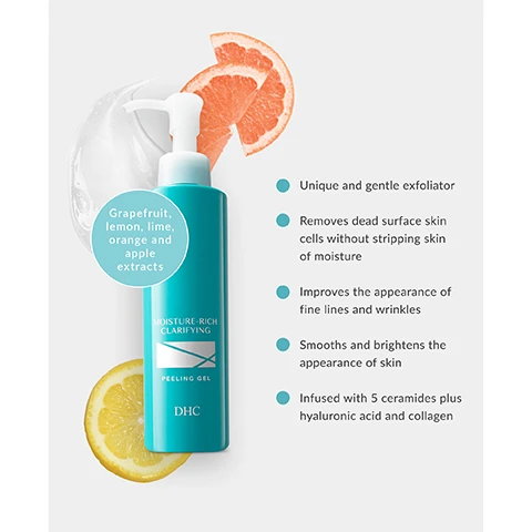 Image 1 - A turquoise bottle labeled MOISTURE-RICH CLARIFYING PEELING GEL sits on a light background, surrounded by slices of grapefruit and lemon; visible text includes Grapefruit, lemon, lime, orange and apple extracts, and bullet points detailing the products features: Unique and gentle exfoliator, Removes dead surface skin cells without stripping skin of moisture, Improves the appearance of fine lines and wrinkles, Smooths and brightens the appearance of skin, Infused with 5 ceramides plus hyaluronic acid and collagen.
Image 2 - A close-up of various citrus fruit slices, including lemon, grapefruit, lime, and orange, with a white circular banner in the center that says Citrus Extracts and below it states Antioxidant-rich fruit extracts including grapefruit, lemon, lime, and orange.
Image 3 - A vibrant arrangement of green apple slices and red hawthorne berries surrounds a circular text area that reads Fruit Extracts Apple, hawthorne and jujube extracts condition and soothe skin while gently exfoliating.
Image 4 - A circular white label in the center reads Flower Extracts, with the text Cherry blossom and rose flower extracts promote supple, brighter-looking skin surrounded by various pink roses and cherry blossoms.
Image 5 - A light-colored image featuring two turquoise bottles of DHC Moisture Care Cleansing Oil with a pump top, accompanied by text explaining how the product works for gentle exfoliation and skin rejuvenation.
Image 6 - A person with light skin is holding a turquoise pump bottle labeled Moisture-Rich Clarifying Peeling Gel over their palm, with instructional steps for use displayed alongside, including How to Use, STEP 1, STEP 2, and STEP 3.