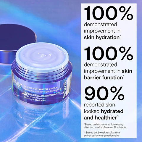 Image 1 - A jar of hydration cream with a blue and silver design is shown against a colorful background, accompanied by text stating 100% demonstrated improvement in skin hydration, 100% demonstrated improvement in skin barrier function, and 90% reported skin looked hydrated and healthier, with an asterisk for further notes.
Image 2 - Image shows a split comparison of a face before and after hydration treatment, with the left side labeled BEFORE showing a yellowish hue marked DEHYDRATED, and the right side labeled AFTER showing a blueish hue marked HYDRATED, along with a color gradient indicating the moisture levels.
Image 3 - Image shows a clear gel-like substance in a circular dish with the label NIA114 TECHNOLOGY, accompanied by a text bubble stating our products feature NIA-114™, our patented, next-level form of Niacin/Vitamin B3 clinically proven to strengthen skins barrier.