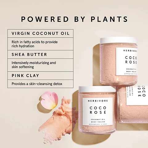 Image 1 - Image shows three jars of Herbivore Coco Rose body polish with a light pink product inside, alongside a small amount of the product and a flower petal, with text describing the benefits of the ingredients: Powered by Plants, Virgin Coconut Oil: Rich in fatty acids to provide rich hydration, Shea Butter: Intensively moisturizing and skin softening, Pink Clay: Provides a skin-cleansing detox.
Image 2 - Image shows a close-up of a pink scrub product with a piece of coconut on top, accompanied by text that reads Silkier, Smoother Skin, Intensely Moisturizes, Gently Exfoliates, and Leaves Skin Softer.
Image 3 - A close-up of a hand holding a jar of body polish with pink exfoliating scrub, featuring text stating INSTANTLY SMOOTHER SKIN and percentages indicating effectiveness: 96% felt instantly softer skin, 93% felt instantly smoother, 89% felt instantly moisturized, and a note about a blind use test on women aged 28-35 years.