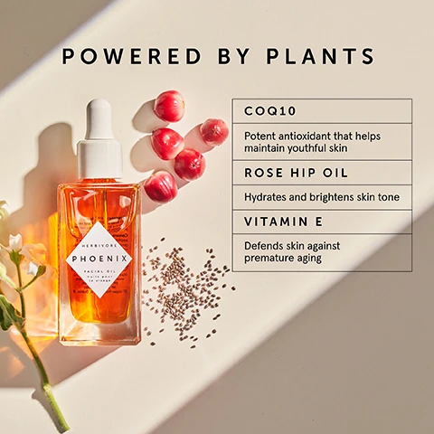 Image 1 - An orange facial oil bottle with a dropper sits on a neutral background, surrounded by rose hip seeds, flowers, and red berries, with the text Powered by Plants, COQ10, Rose Hip Oil, and Vitamin E listing their benefits for skin.
Image 2 - An orange gel droplet is shown on a light beige background, with text indicating it is for dull, dry skin and highlighting its qualities as deeply moisturizing, nourishing, and non-comedogenic.
Image 3 - A glass bottle of orange facial oil with a dropper sits on a light surface, surrounded by a puddle of the oil, with visible text stating MOISTURIZE & GLOW, Deeply moisturizes with nourishing oils, Reveals a radiant glow, Targets multiple signs of aging, and Shields against aging pollution.