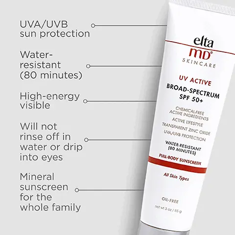 Image 1, UVA/UVB sun protection, Water resistant (80 minutes), high energy visible (HEV) light protection, will not rinse off in water or drip into eyes and mineral sunscreen for thw whole family. Image 2, number 1 dermatologist recommended, trusted, personally used professional sunscreen brand. Image 3, formulated with hyaluronic acid to reduce the appearance of fine lines and wrinkles. Image 4, think zinc oxide natural mineral compound that works as a sunscreen agent by reflecting and scattering UVA and UVB rays. Image 5, active ingredients, 19% zinc oxide, 4% titanium dioxide. Image 6, Trusted by Dermatologists. Loved by skin. For over 30 years, EltaMD has been creating innovative products that cater to all skin types and conditions, from cosmetically elegant sunscreen to skincare that repairs and rejuvenates skin. Image 7, Free From oxybenzone parabens ◇ fragrances ◇ dyes. Image 8, Complete your regimen.
