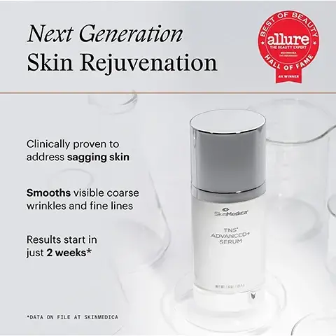 Image 1 - Image of a skin serum bottle labeled TNS® ADVANCED+ SERUM with a background of glass beakers, featuring the text Next Generation Skin Rejuvenation and additional claims such as Clinically proven to address sagging skin, Smooths visible coarse wrinkles and fine lines, and Results start in just 2 weeks*.
Image 2 - Image showing a side-by-side comparison of a 60-year-old females face before and after using TNS Advanced+ serum, with the Before image on the left showing visible wrinkles and the After image on the right indicating smoother skin with marked improvements at week 2, alongside text detailing baseline and improvements.
Image 3 - Image shows a cream or gel texture with text highlighting key ingredients for skincare. Visible text includes: Key Ingredients TNS-MR An advanced formula to help you get age-defying results with: + NEXT-GENERATION GROWTH FACTOR BLEND Supports healthy skin functions + INNOVATIVE PEPTIDE COMPLEX Nourishes your skin Renessence (RSC) Advanced Specifically designed to support the results of the growth factor blend and includes: + MARINE EXTRACT Supports skin’s renewal process + GREEN MICROALGAE Supports collagen and elastin levels.
Image 4 - A sleek bottle of SkinMedica TNS Advanced+ Serum is displayed next to a small amount of the serum on a light background, with the text stating that in a clinical study, after 12 weeks, patients using the serum felt they looked up to 6 years younger.
Image 5 - A pair of hands holds a cosmetic bottle with instructions on its use, including details on when and how to apply the product, and visible text that reads: How to Use, WHEN TO APPLY, In the morning and evening after cleansing and toning, HOW TO APPLY, Before applying, invert and tap the bottom of the bottle, Remove the cap and press on the center of the pump to dispense onto the back of your hand using a bunny finger application, Blend the product together before applying, Avoid getting in eyes. If contact occurs, rinse eyes thoroughly with warm water.
Image 6 - Image of SkinMedica products arranged on a light background, including an AHA/BHA Exfoliating Cleanser, TNS Advanced+ Serum, Instant Bright Eye Cream, HA⁵ Hydra Collagen Replenish + Restore Hydrator, and Essential Defense Mineral Shield Broad Spectrum SPF 35 Sunscreen, with the text Complete Your SkinMedica Method Routine above them.Image 7 - Close up of a womans face with text that reads Pioneer of regenerative skincare With over 25 years of innovation, SkinMedica develops professional-grade products for every step in a complete skincare routine