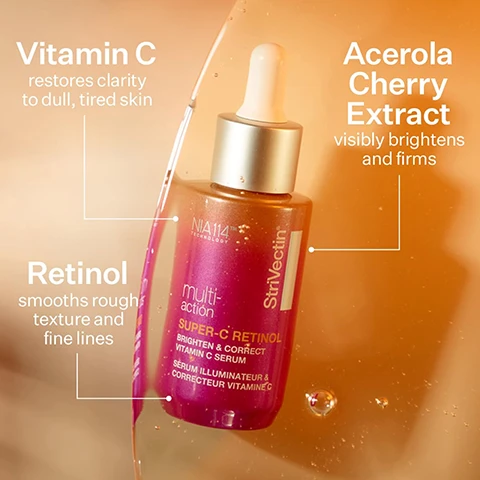 Image 1 - A close-up image of a bottle of StriVectin Super-C Retinol Serum with a dropper, surrounded by soft lighting, features labels describing the benefits of Vitamin C, Retinol, and Acerola Cherry Extract.
Image 2 - Drops of a clear, gel-like substance on a smooth, light background with the visible text Non-sticky, absorbs in a flash.
Image 3 - A woman with a radiant smile and smooth skin is featured on the left, while the right side lists benefits including Clinically proven to improve the look of: Fine lines, Dullness, Rough Texture, along with asterisks indicating footnotes on self-assessment and expert grading results.
Image 4 - Close-up of two women showing healthy skin; text states 97% showed improvement in skin brightness, 100% showed measured improvement in skin firmness, and 100% showed no irritation to skin.
Image 5 - Image comparing skin on the forehead before and after using a retinol product, with circles highlighting changes in skin texture; visible text includes Before and After 6 Weeks along with a product bottle labeled SkinMed and multi-action SUPER-C RETINOL.
Image 6 - Image shows a skincare routine with five pink product tubes labeled as CLEANSER, EYE CARE, SERUM, MOISTURIZER & NECK CREAM, and SPF, with instructions for applying the serum including Shake well. Apply 1 to 3 drops to a clean face. and WHEN TO APPLY: In the morning and evening.