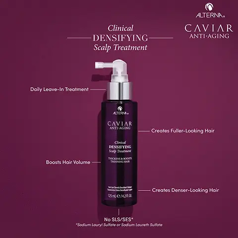 Image 1, clinical densifying scalp treatment, daily leave in treatment, creates fuller looking hair, boosts hair volume, creates denser looking hair, no SLS/SES. Image 2, The range. Image 3, before and after