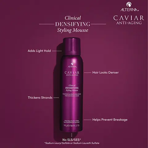 Image 1, clinical densifying styling mousse, adds light hold, hair looks denser, tickens strands, helps prevent breakage, no SLS/SES. Image 2, before and after
