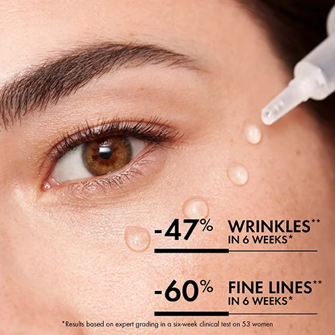 Image 1 - A close-up of a womans eye and cheek with skincare drops on her skin, displaying text that states -47% WRINKLES** IN 6 WEEKS* and -60% FINE LINES** IN 6 WEEKS*.
Image 2 - Image showing a split design with liquid bubbles on the left side and an orange liquid on the right side, featuring text that reads 1.5% DUAL WEIGHT HYALURONIC ACID, VITAMIN C, HYDRATES & PLUMPS SKIN, and POWERFUL ANTI-OXIDANT.
Image 3 - An image showing a hand holding a small bottle of serum with a clear tip dispensing a drop onto another hand, accompanied by instructions stating to turn the bottle upside down and squeeze the clear tip to dispense, and apply several drops to a clean and dry face morning and evening.
Image 4 - A close-up of a womans face showing smooth skin, highlighting her eye and cheek with the text FACE & EYE SERUM FOR A VISIBLE FILLING EFFECT overlayed.
Image 5 - A clear bottle of Vichy LifTACTIV H.A. Wrinkle Corrector serum is placed on a light background, accompanied by white and red text stating LifTACTIV H.A. WRINKLE CORRECTOR, VISIBLY PLUMPS & SMOOTHS THE SKIN, CERTIFIED WITH DERMATOLOGISTS, DEVELOPED BY VICHY LABORATORIES, BRAND RECOMMENDED BY 70,000 DERMATOLOGISTS, FRAGRANCE-FREE, and ALLERGY TESTED.
Image 6 - A person wearing a white lab coat holds a bottle of Vichy Liftactiv Supreme H.A. Serum with icons and text indicating it is allergy tested, fragrance free, dermatologist tested for safety, and alcohol free, along with the note that it is certified with dermatologists and developed by Vichy Laboratories.
Image 7 - A close-up of a womans face showcasing smooth skin with visible fine lines and a subtle smile, accompanied by the text 96% AGREED SKIN LOOKED PLUMPED.