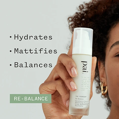 Image 1 - A person with curly hair holds a bottle of skin moisturizer labeled Pai, with visible text listing benefits: Hydrates, Mattifies, Balances, and the words RE-BALANCE at the bottom. Image 2 - A skincare product bottle with a white pump top is displayed against a green background, featuring a review quote stating a user found it effective in managing oily areas while keeping the skin moisturized, along with a star rating and certification logos for organic and vegan.