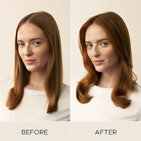 Image 7-dermstore-en_CA - A woman with long, reddish-brown hair is shown in a side-by-side before and after comparison, with straight hair on the left and voluminous wavy hair on the right, labeled BEFORE and AFTER respectively.