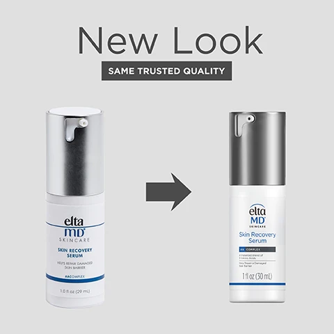 Image 1 - Image features two bottles of EltaMD Skin Recovery Serum side by side, showcasing a new design with the text New Look above and SAME TRUSTED QUALITY below.
Image 2 - A skincare product bottle labeled Elta MD Skin Recovery Serum featuring benefits such as suitable for all skin types, helps reduce visible facial redness, removes sunscreen, makeup, and skin damaging pollution, and leaves skin feeling clean and hydrated.
Image 3 - A close-up of a smiling young woman with glowing skin and her hand gently touching her face, with the text safe for all skin types in the bottom right corner.
Image 4 - A bottle of EltaMD Skin Recovery Serum is shown on a white surface, with text next to it that reads Strengthens and renews the skin’s natural barrier, improving skin health from the inside out and visibly reducing redness in just 24 hours.
Image 5 - An image showing a skincare product, Elta MD Skin Recovery Serum, alongside instructions labeled How to Apply, which include two steps: Step 1 advises to use fingertips to apply the serum over the face and neck after cleansing and toning, and Step 2 suggests using the serum with the entire Skin Recovery System and applying facial sunscreen.
Image 6 - A bottle of Elta MD Skin Recovery Serum with a silver cap is shown, accompanied by descriptions of its key ingredients: AAComplex, Glycerin, Panthenol (Vitamin B5), Vitamin E, and Hyaluronic Acid, each highlighting their benefits for skin hydration and repair.
Image 7 - Image shows a collection of Elta MD skincare products arranged on a light background, with the text COMPLETE YOUR REGIMEN displayed above them. The products include a foaming cleanser, essence toner, serum, light moisturizer, and night mask.
Image 8 - A list of ingredients for a product including water, propanediol, isododecane, glycerin, dimethicone, polymethylsilsesquioxane, panthenol, polysilicone-11, coco-caprylate/caprate, taurine, sodium acryloyldimethyl taurate copolymer, and more.