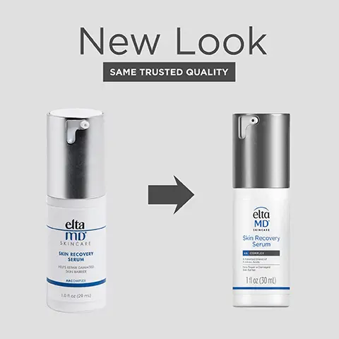 Image 1, New Look SAME TRUSTED QUALITY elta MD SKINCARE SKIN RECOVERY SERUM HELPS REPAIR DAMAGED SON BARKER AACOMPLEX 10 oz (29 mi) elta MD Skin Recovery Serum COMPLEX 1 fl oz (30 ml) Image 2, Suitable for ∞ all skin types Helps reduce o visible facial redness Removes sunscreen, makeup, and skin damaging pollution Leaves skin feeling clean and hydrated elta MD SKINCARE Skin Recovery Serum AA COMPLEX A Patented Blend of 3 Amino Acids p Repair a Damaged Sun Barrier 1 fl oz (30 mL) Image 3, FORMULATED WITH: AAComplex our patented combination of three amino acids to help repair the skin barrier Image 4, SAFE FOR ALL SKIN TYPES Image 5, Free From parabens ◇ fragrances oils Image 6, COMPLETE YOUR REGIMEN elta MD SKINCARE SKIN RECOVERY ESSENCE TONER HEPS REPAIR DAMAGED SON SAFE AACOMPLEX elta MD Sin Recovery Serum elta MD SKINCARE SON RECOVERY DONT MOISTURIZER elta MD SKINCARE UV Clear 346 AACOMPLEX 7.3 (215) 1030) Image 7, Noncomedogenic Dermatologically tested Fragrance-free Paraben-free Dye-free Hypoallergenic