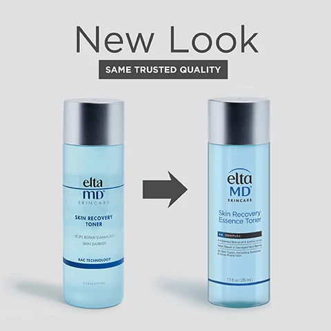 Image 1 - Image shows two skincare product bottles side by side: on the left, EltaMD Skin Recovery Toner labeled as Keeps Extra Damaged Skin Barrier, and on the right, EltaMD Skin Recovery Essence Toner; text above reads New Look and below reads Same Trusted Quality.
Image 2 - A bottle of Elta MD Skin Recovery Essence Toner is shown with key benefits listed, including helps repair skin barrier damage and calm redness, improves skins ability to absorb and maintain hydration, pH-balanced, and safe for sensitive and acne-prone skin.
Image 3 - A close-up image of a young woman with glowing skin smiling while resting her hand on her cheek, with the text SAFE FOR ALL SKIN TYPES in the lower right corner.
Image 4 - Image of a blue bottle of Elta MD Skin Recovery Essence Toner displayed on a light surface, with visible text reading, Soothes, hydrates and detoxifies skin while maintaining a healthy pH balance.
Image 5 - A blue bottle of Elta MD Skin Recovery Essence Toner with a silver cap, alongside instructions for use that include three steps: apply with a cotton pad or hands, use morning and night after cleanser, and for optimal results, use with the entire Skin Recovery System.
Image 6 - A blue bottle of Elta MD Skin Recovery Essence Toner is shown, with surrounding ingredients including AAComplex, Hydroxyacetophenone, Glycerin, Antioxidants, and Malachite Extract, each listed with descriptions of their benefits for skin hydration and protection.
Image 7 - An arrangement of five EltaMD skincare products, including a foaming cleanser, essence toner, sun recovery serum, light moisturizer, and night mask, with the text that reads COMPLETE YOUR REGIMEN above the products.
Image 8 - A list of ingredients on a grey background, including water, propanediol, glycerin, taurine, 1,2-hexanediol, caprylyl glycol, hydroxyacetophenone, arginine, citric acid, phenoxyethanol, malachite extract, biosaccharide gum-1, and glycine, with the heading INGREDIENTS:.