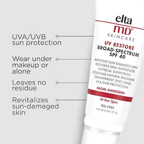 Image 1, UVA/UVB sun protection, leaves no residue , wear under makeup or alone and Revitalizes sun damaged skin. Image 2, number 1 dermatologist recommended, trusted, personally used professional sunscreen brand. Image 3, active ingredients 15% zinc oxide, 2% titanium dioxide. Image 4, think zinc oxide natural mineral compound that works as a sunscreen agent by reflecting and scattering UVA and UVB rays. Image 5, formulated with hyaluronic acid to reduce the appearance of fine lines and wrinkles. Image 6, Trusted by Dermatologists. Loved by skin. For over 30 years, EltaMD has been creating innovative products that cater to all skin types and conditions, from cosmetically elegant sunscreen to skincare that repairs and rejuvenates skin. Image 7, Free From oxybenzone parabens ◇ fragrances ◇ dyes. Image 8, complete your regimen.