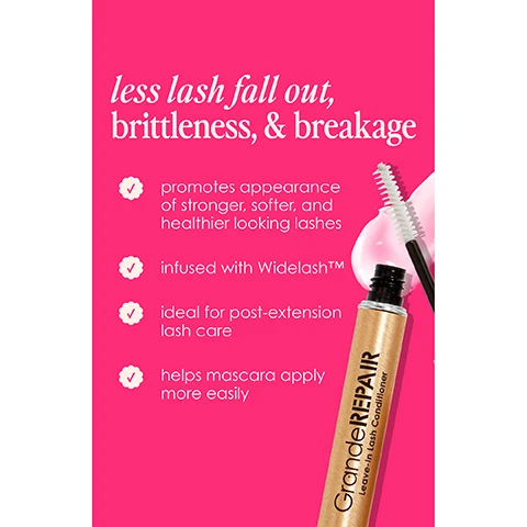 Image 2-dermstore-en_CA - A gold tube of GrandeREPAIR Leave-In Lash Conditioner with its white mascara wand and a clear gel-like product blob on a hot pink background, displaying text that reads: less lash fall out, brittleness, & breakage, promotes appearance of stronger, softer, and healthier looking lashes, infused with Widelash™, ideal for post-extension lash care, and helps mascara apply more easily. Image 3-dermstore-en_CA - A smiling woman with dark skin looks up while holding a gold tube with GrandeREPAIR visible on it, set against a bright pink background with five white stars and the white text helps repair damaged lashes works great as a mask and makes my mascara application glide right on! Image 4-dermstore-en_CA - A close-up of a person applying mascara to their eyelashes with a white wand, featuring text that reads 96% saw reduced brittleness* *Based on a 6 week consumer study with 31 subjects. Results will vary. Image 5-dermstore-en_CA - The image shows two gold tubes of GrandeREPAIR Leave-In Lash Conditioner on a hot pink background, one open with a white brush, detailing product features: Lashcare Ingredient: Widelash™ a biotin peptide, Brush: made to apply like a mascara, Invisible Formula: wear with mascara or alone as an overnight conditioning treatment, Long-term Effect: helps reduce lash brittleness.