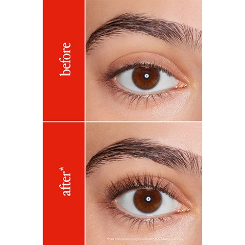 Image 1 - A close-up view of a brown eye with eyelashes in two images, labeled before and after, showing a noticeable difference in eyelash length and volume.
Image 2 - Image of a product advertising a do-it-yourself heated lash lift, featuring a product design with a heating element and a green indicator light, accompanied by text that states: applies gentle heat to curl & lift lashes, designed perfectly for a midday lash pick-me-up, curls lashes without crimping or pinching, see a long-lasting curl - up to 8 hours.
Image 3 - Image of a close-up of a persons eye with long lashes and an eyelash curler positioned near the lashes, accompanied by visible text instructions that read: choose your temperature setting, apply your mascara of choice, rest the curler near the lash base, slowly pull upward along the lashes for at least 10 seconds, *may be used with or without mascara*.
Image 4 - An image of a beauty tool with a curved comb, featuring a sleek white and gold design, alongside text highlighting its key features: curved comb ensures no lash is left behind, sleek compact design perfect for on-the-go touchups, rechargeable with a convenient USB cable included, and temperature sensitive with low and high settings to best suit your lashes.
Image 5 - A woman applies mascara while smiling, with a bold red background that includes the phrases easy + safe to use and so much better than a traditional curler and doesn’t cause any damage.