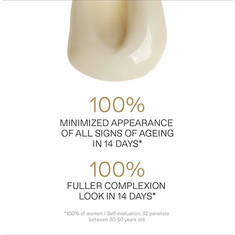 Image 1 - A light yellow, shimmering creamy substance is shown on a white background, above text that reads 100% MINIMIZED APPEARANCE OF ALL SIGNS OF AGEING IN 14 DAYS*, 100% FULLER COMPLEXION LOOK IN 14 DAYS*, and *100% of women / Self-evaluation, 32 panelists between 30-50 years old. Image 2 - The image displays a purple saffron flower with prominent red and yellow stamens at the bottom, and above it, text on a white background detailing sustainable beauty practices. The visible text reads: SUSTAINABLE BEAUTY Upcycled Extract 100% Zero-Waste Extraction Process Paper Packaging - FSC Certified 94.9% Natural Origin Content Vegan.