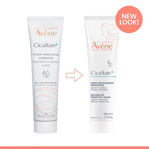 Image 1 - Two tubes of Avene Cicalfate+ restorative protective cream side by side, with the left showing the old design and the right showcasing the new design, with visible text indicating NEW LOOK! on the top right, along with product descriptions in both French and English.
Image 2 - Image of a tube of Cicalfate+ Restorative Protective Cream with text stating CICALFATE+ RESTORATIVE PROTECTIVE CREAM, RESTORES SKIN IN 48HR, 1 CREAM, 45 USES, along with the seal for the National Eczema Association and the text Made in France.
Image 3 - A close-up image of a white cream or lotion swirl with text stating Rich Skin Barrier Cream, Helps maintain proper hydration levels for skin restoration, and Helps restore & promote an optimal environment for skin recovery.
Image 4 - Infographic displaying four skincare ingredients: C++ RESTORE, with text stating it is a protein-rich postbiotic for optimal skin restoration; Copper-Zinc Sulfate Complex, noting it helps promote and maintain a healthy skin environment; and Avène Thermal Spring Water, with text saying it has been clinically shown by over 150 studies to soothe, soften, and calm skin, along with abstract images representing each component.
Image 5 - Avenèe logo at the top with the text Eau Thermale and Laboratoire Dermatologique, followed by icons and text indicating the product features: fragrance-free, paraben-free, silicone-free, non-comedogenic, and alcohol-free with an additional note of 0% alcohol.
Image 6 - A close-up of a smiling person with short hair applying a small amount of cream to their cheek, with visible text that reads APPLY TWO TIMES DAILY OR AS NEEDED TO CLEAN, DRY SKIN.
Image 7 - A tube of Avène Cicalfate+ restorative protective cream is partially submerged in water, with visible text including Eau Thermale Avène, Laboratoire Dermatologique, Cicalfate+, Crème Restauratrice Protectrice and Restorative Protective Cream.
Image 8 - A tube of Cicalfate+ restorative protective cream by Avène is placed on a white surface, with text above and beside it listing its benefits including daily moisturizer, compromised skin barrier, sensitive skin, minor cuts/scrapes, localized dry skin associated with itching, and safe for the whole family.
Image 9 - Image shows a list titled 45 Uses, 1 Powerful Cream, with several sections detailing uses for daily skin barrier care, compromised skin barrier, fragile skin barrier, soothing minor discomforts, and post-procedural care, along with specific examples under each category.