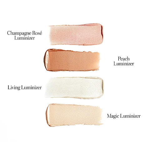 image 1, swatches of champagne rose luminizer, peach luminizer, living luminizer, magic luminiser. image 2, skin loving clean ingredients. vitamin e = protects and smooths. castor seed oil = a natural anti-inflammatory. organic coconut oil = moisturises and softens