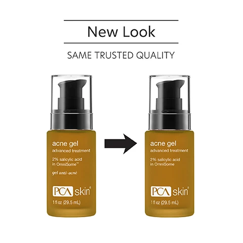 Image 1 - Image shows two bottles of PCA Skin acne gel side by side, one with a clear cap and a darker label, the other with a lighter label and a pump dispenser; visible text reads New Look SAME TRUSTED QUALITY.
Image 2 - A brown bottle of acne treatment gel with a pump top is shown against a white background, accompanied by the text that reads, reduces oil production, combats breakouts and clears skin.
Image 3 - A petri dish with two clear liquid droplets next to text descriptions of Salicylic Acid (2%), Mandelic Acid, and Hexylresorcinol and Ethyl Linoleate, explaining their benefits for acne and skin care.
Image 4 - Image shows two steps for applying a skincare product, with a person demonstrating proper usage; visible text includes How to Apply, STEP 1 After cleansing and toning, apply as a spot treatment or full-face if skin is oily or acneic. If dryness occurs, reduce use to spot treatment, and STEP 2 Use twice daily for maximum benefits. Follow with a broad spectrum SPF product in the daytime, and moisturizer in the evening.
Image 5 - Three women of diverse backgrounds smile together, with text above them reading For oily, combination and normal skin for preventative skin concerns.
Image 6 - An illustration of a blue laboratory flask icon above text that reads Innovators in healthy skin for 30 years At PCA SKIN®, we use clinically-backed research and science to develop safe and effective products that deliver visible results for healthy, beautiful skin.