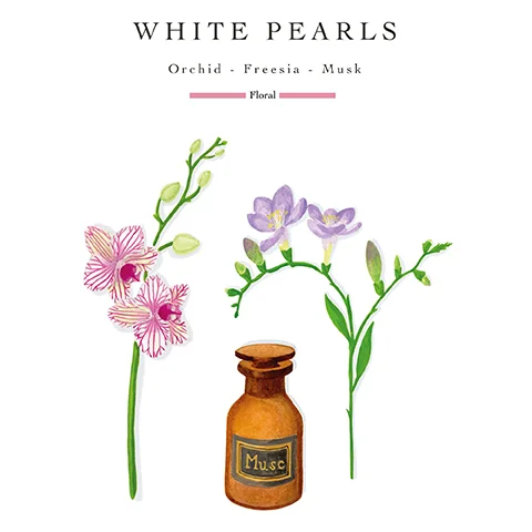 Illustration of pink orchids, purple freesias, and a bottle labeled Musc with text above reading White Pearls Orchid - Freesia - Musk Floral.