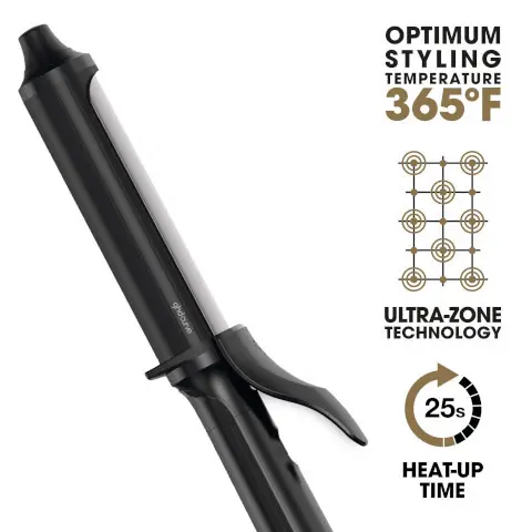 Image 1, Optimum styling temperature 365F, ultra-zone technology, 25 second heat-up time. Image 2, curls in 5-8 seconds. Image 3, creates soft, voluminous tumbling curls