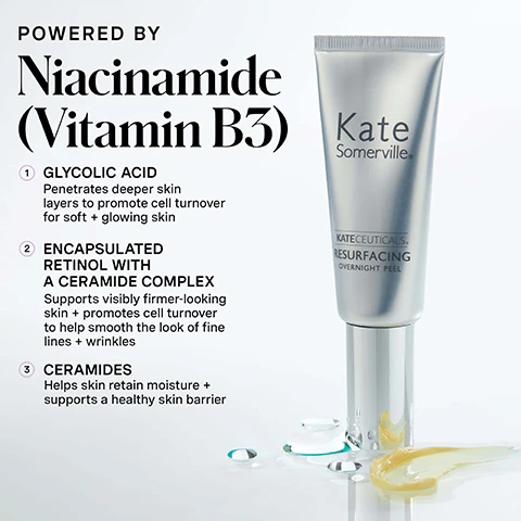 Image 1 - A silver tube of Kate Somerville Resurfacing Overnight Peel with some yellowish product and clear droplets on a white surface, alongside text that reads: POWERED BY Niacinamide (Vitamin B3) 1 GLYCOLIC ACID Penetrates deeper skin layers to promote cell turnover for soft + glowing skin 2 ENCAPSULATED RETINOL WITH A CERAMIDE COMPLEX Supports visibly firmer-looking skin + promotes cell turnover to help smooth the look of fine lines + wrinkles 3 CERAMIDES Helps skin retain moisture + supports a healthy skin barrier. Image 2 - Three silver tubes of Kate Somerville KATECEUTICALS RESURFACING OVERNIGHT PEEL are displayed on a white background, alongside text that reads Smooth + Glow, THE CLINICAL-GRADE OVERNIGHT PEEL FOR GLASS SKIN, detailing benefits like smoothing the look of wrinkles and fine and deep lines, and reducing hyperpigmentation including dark spots, sun spots, and age spots. Image 3 - A hand holds a silver pump bottle dispensing yellow cream onto the back of another hand with pink polished nails, alongside instructions titled HOW DO I Use This? 1 Apply a thin, even layer to clean, dry skin + leave on overnight Dont use other Retinol products on the same night 2 The following morning cleanse + continue with your normal skin care routine Dont forget SPF, and a note at the bottom left reads 2-3x per week, PM only. Image 4 - A woman applies cream to her cheek while holding a tube of Kate Somerville KateCeuticals Resurfacing Overnight Peel, with visible text reading 90% reported softer, smoother skin after 2 weeks* *Results based on an independent clinical study and CLINIC EXPERTISE AT YOUR FINGERTIPS KATE SOMERVILLE. Image 5 - A before and after comparison image shows a persons face, specifically the cheek, nose, and mouth area, with the left side labeled BEFORE showing more visible pores and redness, and the right side labeled AFTER 2 WEEKS* showing smoother skin with reduced redness, under a banner that reads KATECEUTICALS Resurfacing Overnight Peel, with a disclaimer at the bottom stating *Results based on an independent clinical study. Image 6 - The image displays three Kate Somerville skincare product tubes, a silver tube for KATECEUTICALS RESURFACING OVERNIGHT PEEL, a white tube for ExfoliKate Intensive Exfoliating Treatment e 60 mL | 2 FL. OZ., and a yellow tube for MEGA-C 30% Vitamin C Brightening Facial e 50 mL | 1.7 FL. OZ., all under the header CHOOSE Your Treatment, with a detailed comparison chart below listing BENEFITS and INGREDIENT SPOTLIGHT for each product: KATECEUTICALS Resurfacing Overnight Peel offers Smooth + Glow from Glycolic Acid, Encapsulated Retinol with a Ceramide Complex, Niacinamide (Vitamin B3), Ceramides, and Vitamin E; EXFOLIKATE INTENSIVE Exfoliating Treatment offers Exfoliate + Smooth from AHA Lactic Acid, BHA Salicylic Acid, Paypaya, Pineapple, Pumpkin Enzyme, and Silica; and MEGA-C 30% Vitamin C Brightening offers Brighten + Even from 30% Pure Vitamin C (Ascorbic Acid), Age Repair Complex, Sea Buckthorn Oil, Ceramides, Bisabolol, and Ginger Root Extract. Image 7 - A light purple graphic outlines Kates 5 Daily Dos skincare routine with numbered steps: 1 Cleanse AM / PM, 2 Exfoliate 1-2x PER WEEK, showing a Kate Somerville KateCeuticals Resurfacing Overnight Peel tube, 3 Treat AM / PM, 4 Moisturize AM / PM, and 5 Protect AM, followed by text SKIN CLINIC RESULTS WHILE YOU SLEEP Our KateCeuticals Resurfacing Overnight Peel is expertly formulated with clinical-grade Retinol, Glycolic Acid, Niacinamide + Vitamin E to enhance your skins natural radiance. Image 8 - A woman with green eyes holds a silver tube of Kate Somerville Resurfacing Overnight Peel, with a dollop of cream on her cheek and the text no skin retouching visible in the bottom right.
