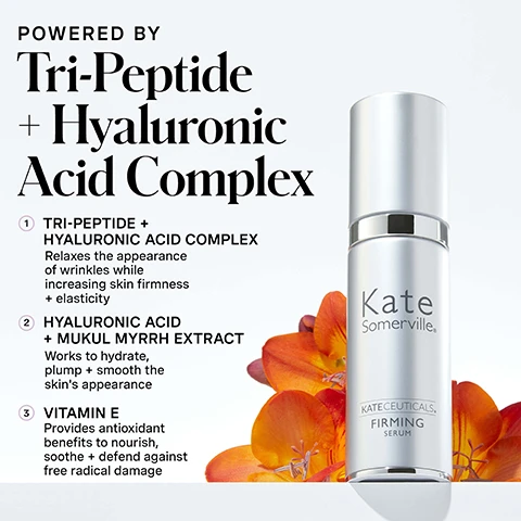 Image 1 - A silver pump bottle of Kate Somerville Firming Serum stands against a white background with orange flowers, alongside text that reads POWERED BY Tri-Peptide + Hyaluronic Acid Complex, 1 TRI-PEPTIDE + HYALURONIC ACID COMPLEX Relaxes the appearance of wrinkles while increasing skin firmness + elasticity, 2 HYALURONIC ACID + MUKUL MYRRH EXTRACT Works to hydrate, plump + smooth the skins appearance, 3 VITAMIN E Provides antioxidant benefits to nourish, soothe + defend against free radical damage. Image 2 - A promotional image features two silver skincare serum bottles, one upright and one tilted, with visible text that includes Plump + Firm, CLINICAL-GRADE SKIN FIRMING SERUM, Smooth texture + improve skin firmness within 2 weeks, Minimize even the deepest wrinkles, Strengthen the skin barrier, Kate Somerville. KATECEUTICALS. FIRMING SERUM (as seen on both bottles), and a circular logo featuring a winking smiley face surrounded by CLINIC EXPERTISE AT YOUR FINGERTIPS • KATE SOMERVILLE •. Image 3 - A person with freckled skin applies a dollop of white cream to their cheek with their fingers, with superimposed text that reads: HOW DO I Use This? 1 Apply 1 to 2 pumps to clean, dry face + neck Allow serum to absorb into skin before applying KateCeuticals™ Total Repair Cream 2 Dont forget SPF in the AM :) for daily use, AM + PM. Image 4 - A smiling woman with short grey hair holds a silver Kate Somerville KATECEUTICALS FIRMING SERUM bottle to her cheek, with text overlaying the image that reads 96% showed improvement in appearance of wrinkles after 2 weeks*, 93% reported the product left their skin feeling more hydrated after 1 use*, *Clinically-proven results based on a 2 week, independent clinical study of 33 people, and no skin retouching. Image 5 - A before and after comparison of a womans forehead and eyes, the top image labeled BEFORE shows prominent forehead wrinkles and a blemish, while the bottom image labeled AFTER 2 WEEKS* shows a noticeable reduction in wrinkles and a faded blemish, with additional text *Clinically-proven results based on a 2 week, independent clinical study of 33 and KATECEUTICALS Firming Serum. Image 6 - The image displays three Kate Somerville serums, each labeled Kate Somerville: a silver pump bottle of KATECEUTICALS Firming Serum, a blue pump bottle of HYDRAKATE Recharging Serum, and a silver tube of KATECEUTICALS SuperCell Rejuvenation Serum, all presented under the title Choose Your Serum, with a detailed chart beneath outlining BENEFITS as Plump + Firm for KATECEUTICALS Firming Serum, Rehydrate + Plump for HYDRAKATE Recharging Serum, and Rejuvenate + Restore for KATECEUTICALS SuperCell Rejuvenation Serum, and INGREDIENT SPOTLIGHTs as Tri-Peptide + Hyaluronic Acid Complex, Dual-Weight Hyaluronic Acid, and Vegan Stem Cell respectively. Image 7 - A light purple infographic details Kates 5 Daily Dos skincare routine, listing steps: 1 Cleanse AM / PM, 2 Exfoliate 1-2x PER WEEK, 3 Treat AM / PM with a silver pump bottle of Kate Somerville Skin Dermal Firming Serum surrounded by a cream swirl, 4 Moisturize AM / PM, and 5 Protect AM, followed by the text Clinical-Grade Skin Repair Serum Put dull skin in your rearview with our clinic-grade KateCeuticals Firming Serum. Youll see smoother texture + improved skin firmness within 2 weeks.