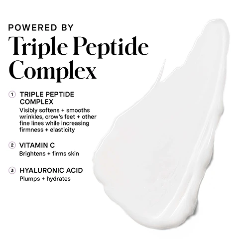 Image 1 - A white creamy substance is swiped diagonally on a white background with text describing key ingredients and their benefits: Powered by Triple Peptide Complex. 1 Triple Peptide Complex Visibly softens + smooths wrinkles, crows feet + other fine lines while increasing firmness + elasticity. 2 Vitamin C Brightens + firms skin. 3 Hyaluronic Acid Plumps + hydrates. Image 2 - A silver eye cream pump bottle, angled, with a small dab of white cream visible at the nozzle, on a light background, displays text that reads: Lift + Smooth, THE ULTIMATE BOTOX-IN-A-BOTTLE EYE TREATMENT, Firm skin and revitalize the appearance of crows feet + wrinkles, Soothe puffiness, Brighten dark circles, Kate Somerville, KATECEUTICALS., LIFTING EYE CREAM. Image 3 - A woman with freckled skin holds a silver Kate Somerville KATE CEUTICALS LIFTING EYE CREAM, with a dab of white cream near her eye, while on-screen text asks HOW DO I Use This? with instructions: 1 On clean/cleansed skin, gently pat 2 Continue with your normal skincare routine. Dont forget SPF in the AM, and additional text states for daily use, AM + PM. Image 4 - A woman applies Kate Somerville KATECEUTICALS LIFTING EYE CREAM under her eye with her finger, holding the product bottle, next to text that reads 96% showed improvement in the appearance of crows feet, fine lines, wrinkles + hydration after just one use*, 96% reported the product firmed + lifted under eye area after two weeks*, with a disclaimer *Clinically-proven results based on a 4 week, independent clinical study of 28 people, and a circular logo with a winking smiley face stating CLINIC EXPERTISE AT YOUR FINGERTIPS • KATE SOMERVILLE •. Image 5 - The image displays a comparison of two Kate Somerville eye treatments under the title Choose Your Treatment, featuring on the left a silver pump bottle of Kate Somerville Kateceuticals Lifting Eye Cream with a white cream swatch, listing Benefits Lift + Smooth and Ingredient Spotlight Triple Peptide Complex, Brown / Red Algae, Cucumber Extract, Vitamin C, Hyaluronic Acid, Safflower, Sunflower Seed Oils; and on the right a white and gold tube of Kate Somerville + Retinol Firming Eye Cream with a yellow cream swatch, listing Benefits Firm + Brighten and Ingredient Spotlight Retinol, Bio Retinol (from Babchi Edible Seeds), A natural blend of Bidens Pilosa Extract (aka Spanish Needles), Cotton and Linseed Seed Oils, Hyaluronic Acid, Lime Pearl. Image 6 - An infographic displays Kates 5-step daily skincare routine with product icons and text that reads KATES 5 Daily Dos 1 CLEANSE AM / PM 2 EXFOLIATE 1-2x PER WEEK 3 TREAT AM / PM 4 MOISTURIZE AM / PM 5 PROTECT AM SKIN CLINIC TREATMENT FOR YOUR EYES - AT HOME This is THE clinical-grade eye cream to achieve more lifted, plumper, + brighter skin around the eyes. Image 7 - A woman with light skin and light eyes has three dots of white cream under her right eye, while her left hand holds a silver pump bottle that reads Kate Somerville. KATECEUTICALS. LIFTING EYE CREAM. A smiley face icon and the text no skin retouching are visible in the bottom right corner.