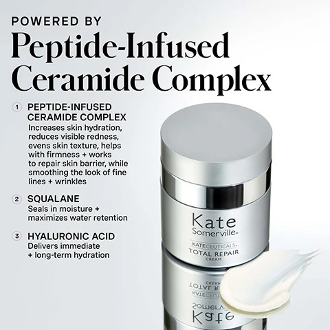 Image 1 - A silver jar of Kate Somerville KATECEUTICALS TOTAL REPAIR CREAM and a dollop of white cream are shown on a reflective surface next to text that reads: POWERED BY Peptide-Infused Ceramide Complex 1 PEPTIDE-INFUSED CERAMIDE COMPLEX Increases skin hydration, reduces visible redness, evens skin texture, helps with firmness + works to repair skin barrier, while smoothing the look of fine lines + wrinkles 2 SQUALANE Seals in moisture + maximizes water retention 3 HYALURONIC ACID Delivers immediate + long-term hydration. Image 2 - Two silver and white Kate Somerville cream jars are stacked, the top jar open to reveal the cream inside, next to promotional text that says Hydrate + Repair, ONE LUXURIOUS CREAM TOTAL SKIN TRANSFORMATION, Calms redness, Softens the appearance of wrinkles, Repairs skin barrier damage caused by the sun, pollution, or medical esthetic treatments, and the visible text on the jars reads Kate Somerville KATECEUTICALS. TOTAL REPAIR CREAM. Image 3 - A person with brown skin and freckles applies white cream to their cheek, with overlay text that reads: HOW DO I Use This? ① Apply a thin, even layer to a clean face + neck. Use alone or over a treatment or serum. Finish with SPF in the AM! for daily use, AM + PM. Image 4 - A woman with radiant skin holds a jar of Kate Somerville KATECEUTICALS TOTAL REPAIR CREAM, and the image includes text: 100% reported softer + more supple skin after just 1 use*, 87% reported improved appearance of fine lines after 2 weeks*, *Clinically-proven results based on a 2 week, independent clinical study of 32 people, and Clinic expertise at your fingertips. Kate Somerville, accompanying a winking smiley face icon. Image 5 - A before and after comparison image of a persons face showing reduced redness and a more even skin tone on the right side, with visible text reading BEFORE, KATECEUTICALS Total Repair Cream, AFTER 2 WEEKS*, and *Clinically proven based on independent clinical study. Image 6 - The image displays three Kate Somerville moisturizers—a silver jar labeled KATECEUTICALS TOTAL REPAIR CREAM, a pink pump bottle labeled Wrinkle Warrior 2-in-1 Plumping Moisturizer + Serum, and a white and gold jar labeled +Retinol Vitamin C Moisturizer—along with a comparative chart below them, all under the main title CHOOSE Your Moisturizer; the chart highlights BENEFITS including Hydrate + Repair, Smooth + Plump, Firm + Brighten, and INGREDIENT SPOTLIGHTs such as Peptide-Infused Ceramide Complex, Squalane, Hyaluronic Acid, HA3 Blend of essential Amino Acids, Glucosamine, Sichuan Pepper, Blend of Biotechnology-Activated SugarCopper, Essential Amino Acids, Ascorbic Acid (Pure Vitamin C), Retinol, and Hyaluronic Acid. Image 7 - A skincare routine infographic titled KATES 5 Daily Dos illustrates five steps: 1 Cleanse AM / PM with a tube, 2 Exfoliate 1-2x PER WEEK with a tube, 3 Treat AM / PM with a bottle, 4 Moisturize AM / PM with a jar of Kate Somerville KateCeuticals Total Repair Cream and a cream swatch, and 5 Protect AM with a bottle, followed by the text THE #1 A-LISTER OF SKIN REPAIR CREAMS Get fresh-from-the-clinic results with the perfect balance of hydration + skin repair benefits found in our KateCeuticals™ Total Repair Cream. Image 8 - A smiling woman with gray hair and freckles holds a silver jar of cream next to her face, which reads Kate Somerville KATECEUTICALS. TOTAL REPAIR CREAM, and text at the bottom says no skin retouching.