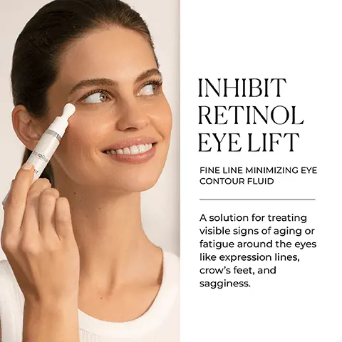 Image 1 - A smiling woman applies an eye contour product to her under-eye area, with visible text that reads Inhibit Retinol Eye Lift Fine Line Minimizing Eye Contour Fluid and a description stating a solution for treating visible signs of aging or fatigue around the eyes like expression lines, crows feet, and sagging.
Image 2 - A skincare product tube is displayed beside a lit candle and stacked books, with text that reads KEY BENEFITS and icons representing the benefits: relaxes, brightens, firms, rejuvenates.
Image 3 - A man with dark hair and a beard applies a skincare product under his eye; the image includes the text INTENSIVE RETINOL POWER and a description of the products benefits, along with icons indicating it is gluten free, alcohol free, and oil free.
Image 4 - An overhead view of skincare products, including a dropper bottle and cream in glass containers, with text on the right side detailing the benefits of hyaluronic acid, niacinamide, and encapsulated retinol. Text: SCIENCE BEHIND IT 4 TYPES OF HYALURONIC ACID Act in 4 different levels of the epidermis to reveal plumper-looking skin and a hydrated and supple complexion. NIACINAMIDE Boosts luminosity to diminish signs of fatigue and awaken the eye contour. ENCAPSULATED RETINOL Helps renew and smooth skin texture while diminishing the look of fine lines and wrinkles.
Image 5 - Image shows a flat lay of skincare products from Natura Bissé on a marble background, featuring a cream jar, a serum bottle, and a box, with the text AT-HOME WRINKLE REMEDY above and a description below it.