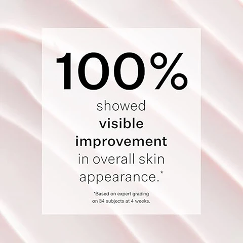 Image 1 - A background with soft pink fabric features a white square with the text 100% showed visible improvement in overall skin appearance. Based on expert grading on 34 subjects at 4 weeks.
Image 2 - Image shows several petri dishes containing different substances: a clear liquid labeled Fatty Acids, a dish with small beads labeled Ceramides, a pink liquid labeled Cholesterol, a dish with yellow capsules, and a dish with molecular structure labeled NIA-114 Technology with an arrow pointing to NIA-114™.
Image 3 - A small, smooth dollop of light pink cream is shown with an arrow pointing to it, accompanied by the text deeply comforting without the heavy feel.