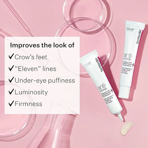 Image 1 - Image shows two tubes of skincare cream on a light pink background, with a list of improvements including crow’s feet, “eleven” lines, under-eye puffiness, luminosity, and firmness, along with the text Improves the look of.
Image 2 - A display of three petri dishes containing different natural ingredients: sliced green horse chestnut, micro-algae extract, and unroasted green coffee beans, with arrows indicating each ingredient.
Image 3 - A creamy, light-colored background with text stating 96% reported eyes look more awake, followed by a footnote about the consumer perception test.
Image 4 - Close-up images of a persons eyes showing the skin around them; the top section labeled BEFORE exhibits wrinkles and dryness, while the bottom section labeled AFTER shows smoother skin with reduced wrinkles, accompanied by a note stating *Unretouched photos. Individual results will vary.
Image 5 - A smooth, light cream is shown on a white background with an arrow pointing to it, indicating the text Fragrance-free & ophthalmologist-tested.