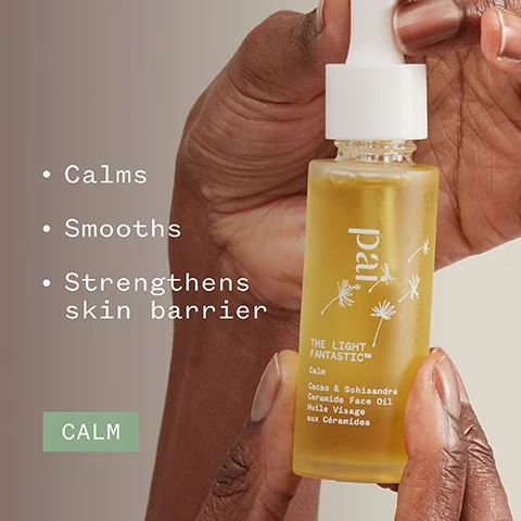 Image 1 - A person is holding a bottle of facial oil with a white pump top, and visible text on the left lists benefits: Calms, Smooths, Strengthens skin barrier, while the bottle is labeled THE LIGHT FANTASTIC Calm Cacao & Schisandra Ceramide Face Oil. Image 2 - A person with curly hair touches their neck while holding a clear bottle of face oil; the image includes text stating 74% said it had a soothing effect on skin and features logos for organic and vegan certifications along with a disclaimer about a study.