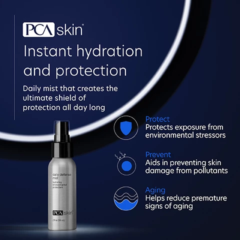 Image 1, instant hydration and protection, daily mist that creates the ultimate shield of protection all day long. protect, protects exposure from environmental stressors. prevents, aids in preventing skin damage from pollutants. aging, helps reduce premature signs of aging. Image 2, complete your regimen. daily defense mist, protects skin from exposure to environmental stressors. resveratrol restorative complex, antioxidant serum with powerful anti-aging benefits. C&E advanced, diminishes dark spots, soothes skin and reduces signs of aging. Daily defense broad sprectrum, SPF 50+ protection that defends against aging pollutants. Image 3, verified customer review = not only does it keep my skin safe from damage from free radiacals which that itself is amazing, but it works so great as a moisturizer and a setting spray