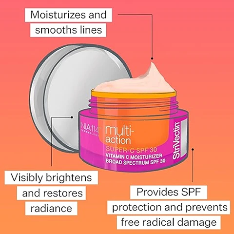 Image 1 - A round jar of skin moisturizer with a light peach lid is shown against a gradient orange background, with text that highlights its features: Moisturizes and smooths lines, Visibly brightens and restores radiance, and Provides SPF protection and prevents free radical damage.
Image 2 - Three glass bowls contain yellow and orange liquids with green leaves beside them; the labels read French Kumquat Extract, Tahitian Noni Leaf, and Vitamin C (THD Ascorbate) along with descriptions of their benefits for skin care.
Image 3 - A laboratory setup shows a clear beaker partially filled with an orange liquid and a glass pipette containing the same liquid; visible text includes a description of THD Ascorbate as a stable form of Vitamin C suitable for moisturizing and brightening benefits.
Image 4 - A smooth, creamy substance in a light shade is displayed with an arrow pointing to the text that reads non-greasy, cast-free finish.
Image 5 - A clear petri dish with a light blue gel and a circular label reading NIA114 TECHNOLOGY, accompanied by text stating our products feature NIA-114™, our patented, next-level form of Niacin/Vitamin B3 clinically proven to strengthen skin’s barrier.
Image 6 - Image showing a side-by-side comparison of skin around the eyes labeled Before at the top and After 6 Weeks at the bottom, with visible improvements in skin texture and appearance in the lower section; text at the bottom reads Untouched photos. Individual results will vary.